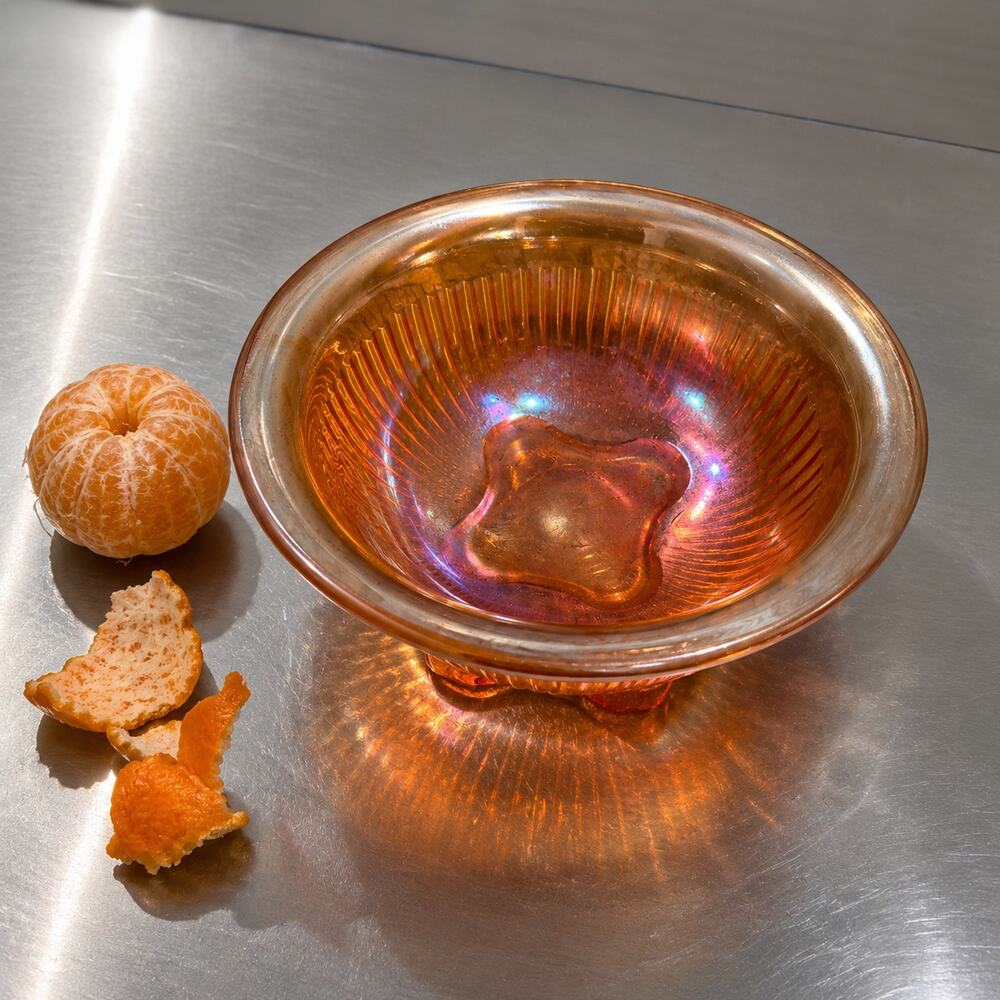 Vintage Marigold Carnival Glass Ribbed Footed Bowl Iridescent 7”